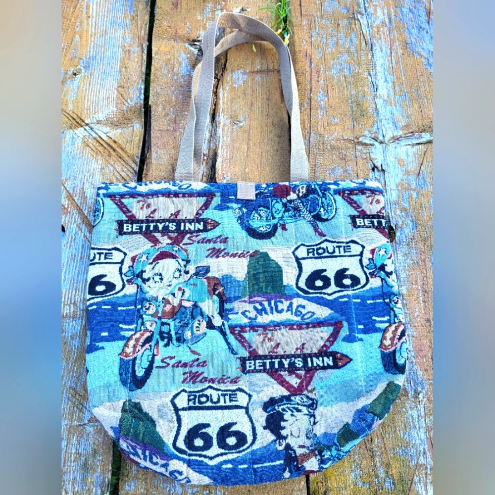 Betty Boop Route 66 Tote Bag - Blue and Beige
